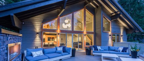 The top deck: Lots of outdoor sofas to gather around the gas fireplace.