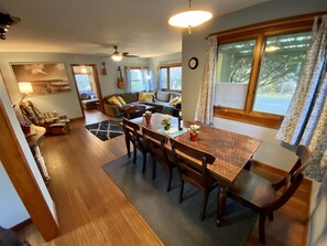 Dining Table seats 8 comfortably.  Also great for puzzles and board games
