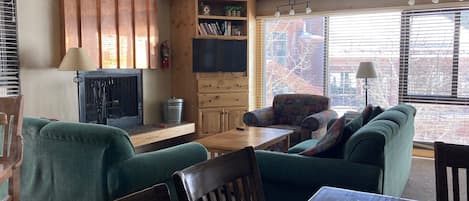 Living Area with wood-burning fireplace.