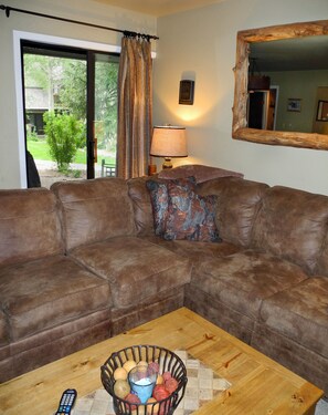 New sofa and looking out sliding doors to deck.