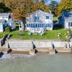 Aerial view from lake * beach comes and goes but there's lots of lawn to enjoy!