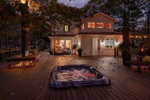 Wrap Around Deck with Hot Tub, Lounge Chairs, Dining Set, Fire Pit, Seating Areas