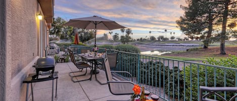 SUPERSTITION LAKES GOLF RETREAT has an extra large private patio with magnificent views of the Superstition Springs Golf Course.