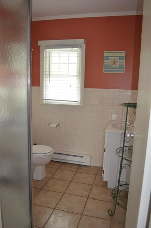 Bathroom with stand up shower stall.