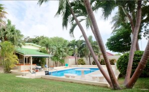 View from Guesthouse on the pool in tropical garden