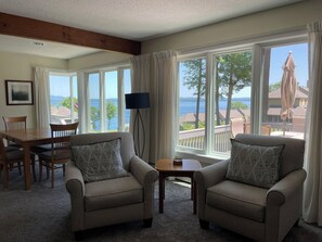 Our wall of windows has gorgeous lake and mountain views