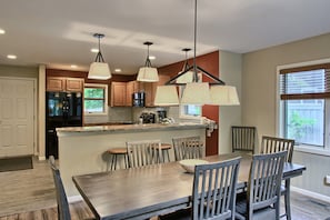 3 bar stool sitting at kitchen counter sitting at the table for 8