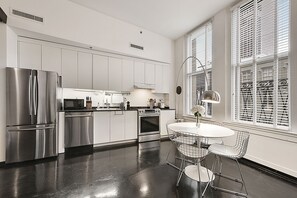 stainless fully-stocked kitchen with silent dishwasher and induction stove
