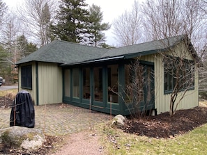 Newly painted - view of terrace with chiminea and Weber gas grill