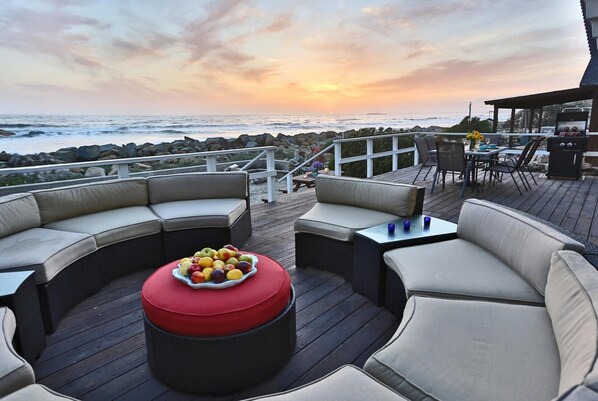Oceanfront deck with plenty of seating