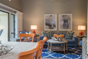 Stylish Living room with vaulted ceilings.