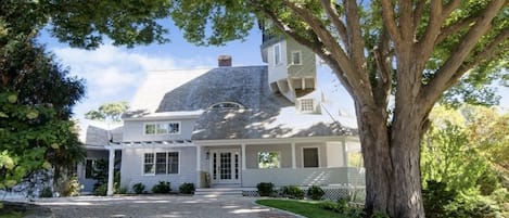 Magnificent entrance to our home with large Zelkova tree & 4 story tower 