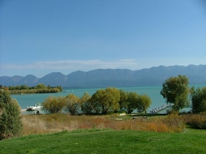 View of lake and mountains from house