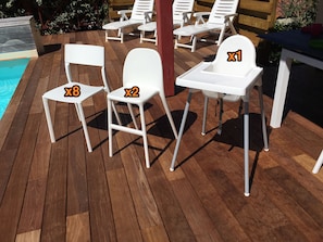 Good selection of outside dining chairs (high chairs can be used inside too)