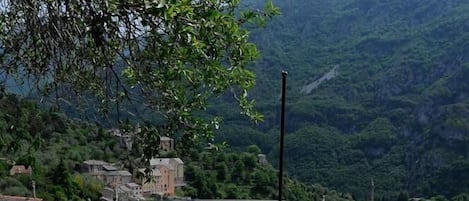 la terrasse avec vue sur le village aux toits de lauze et les montagnes au sud