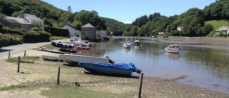 looking down the river from the balcony at low tide.