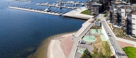 Aerial view of the apartments and the marina