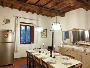 Atmospheric, very well equipped kitchen with big fridge.