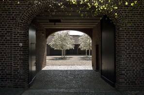 View into the courtyard during apple blooming period