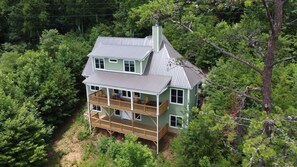 A drone view of the back of Foxhaven's double-covered decks.