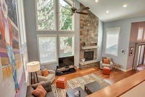 View from Kitchen- Grand furnace rated  fireplace