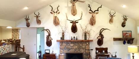 Local stone fireplace surrounded by collection of African taxidermy. 