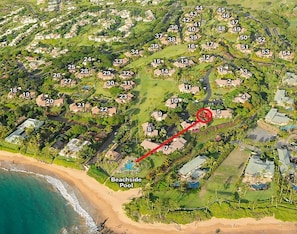 Aerial map showing location of 5D within Ekahi Village. One of closest to beach.