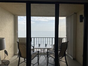 Balcony furniture provides seating for four with ergonomically designed chairs .