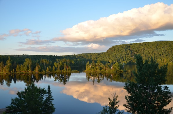 View of the lake from the cottage at sunset