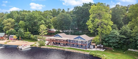 Covered Deck is 101 ft long; the gentle slope private sandy beach is 80 ft long.