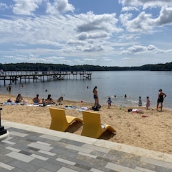 New nearby public beach on Stone Lake is a big hit. Only a block away!
