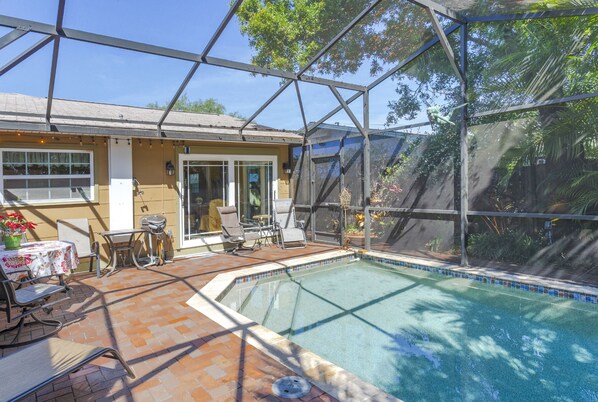 Pool with jets and lights.  Electric grill, dining for 6 and cafe lights.