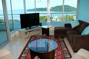 Living room view, with private balcony