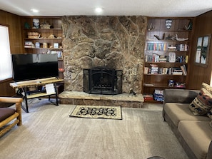 Large living room with two couches, books, games TV & DVDs. 