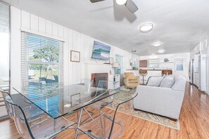 View from front entry door into a bright and sunny great room, just one house from the beach!
                