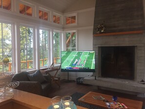 55" TV ready for your favorite entertainment. Folds flat against the wall.