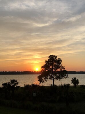 Breathtaking sunset from our balcony off the living room.