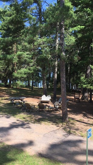 Fire pit area in front of cabin as you look toward lake