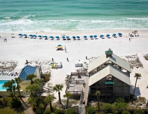 Private Emerald Shores pavilion with snack shop, tables, showers, bathrooms