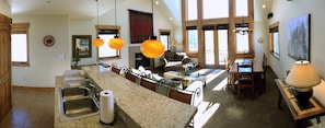 View of main living and dining level from kitchen.
Note: Photo is a panorama.
