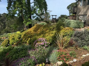 Corner of the main house, garden gate and ocean view beyond.