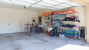 Garage stocked with tons of beach gear and bikes for your enjoyment