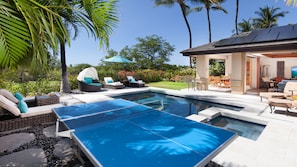 Private backyard pool, spa, ping pong table and covered lanai for family fun