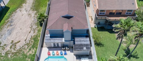 Aerial of backyard at this private home with a private pool! Our house is less than 1/2 a block from the beach!