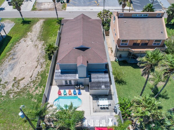 Aerial of backyard at this private home with a private pool! Our house is less than 1/2 a block from the beach!