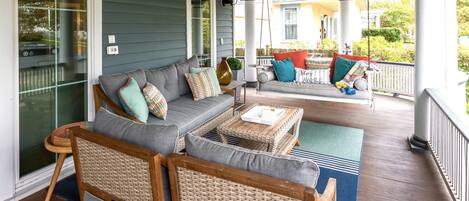 Porch swing; ultimate relaxation. Take the chill off with the heater. 