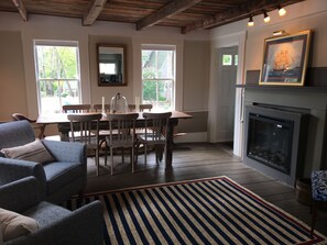 Dining room with fireplace.