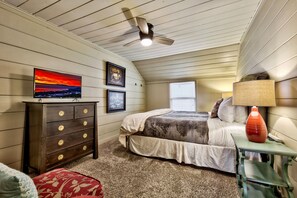 Master bedroom with California King, Smart TV, Ceiling fan, Closet, dresser +++