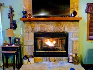 Gas log fireplace with glass doors closed