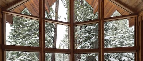 View from the living room, with its cathedral ceilings